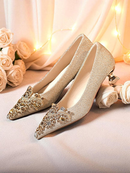 Glitter Pumps Heel Pointed-Toe Gold Low with Women's