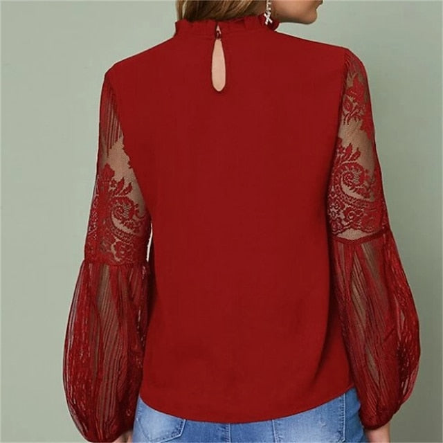 Women's Boho Shirt Lace Shirt Blouse Mesh Patchwork Top