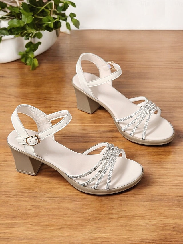 Black Heel with Comfortable Rhinestones Strappy Sandals Block -