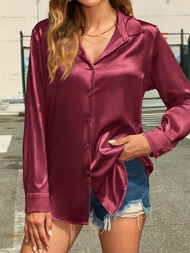 Women's Shirt Elegant Satin Top Blouse Buttons Plain