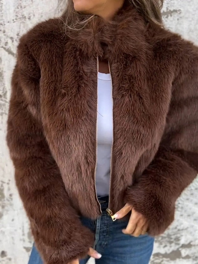 Breathable Fur Casual Coat Plain Faux Women's Warm Zipper