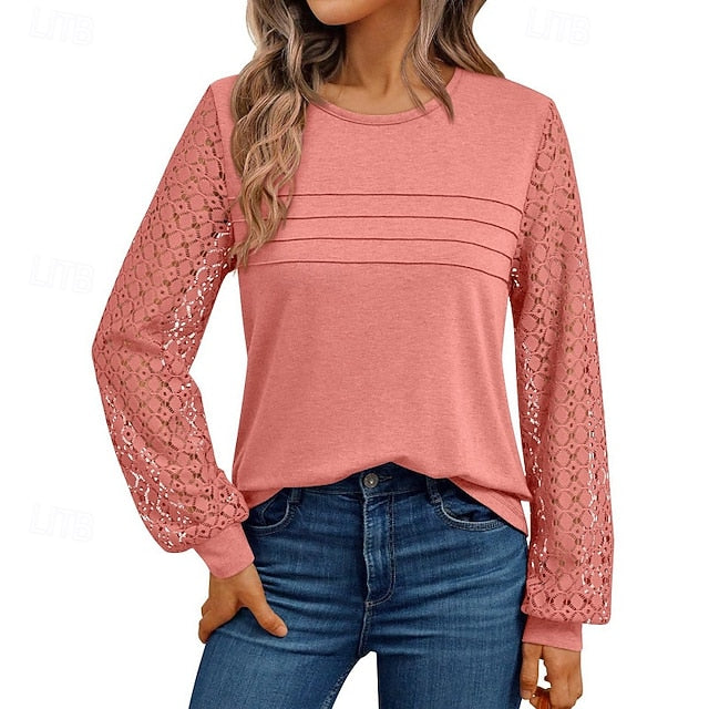 Color Tee Top Shirt Women's T Patchwork Eyelet Solid