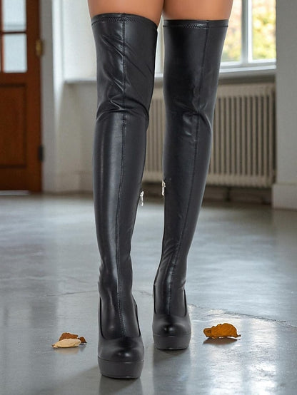 Knee the Wedge Over Women's Black - Heel Faux Boots Leather