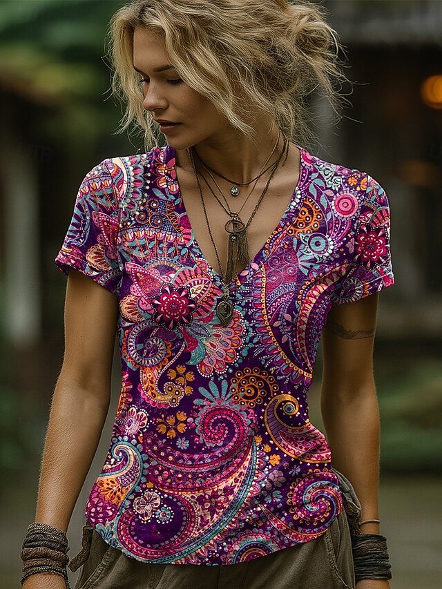 Women's T Shirt Print Graphic Paisley Plants Bohemia