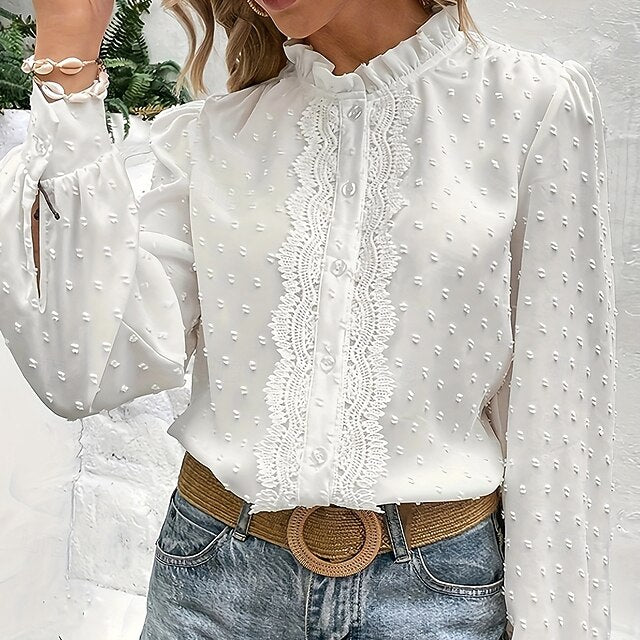 Women's Casual Shirt Button Up Shirt Blouse Lace Patchwork