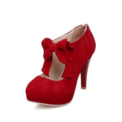 Vintage Heel Pumps Suede Women's High Bow Red Platform –