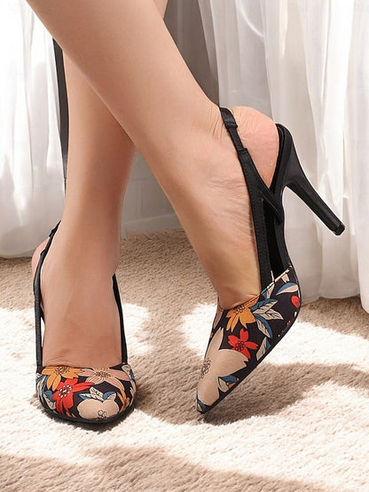 Toe – Pointed Slingback Heels Elegant Floral High Women's
