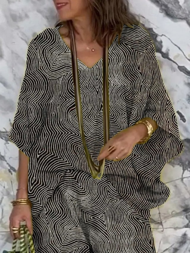 Women's Pants Sets 3/4 Length Sleeve V Neck Striped Print