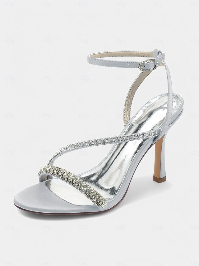 Champagne Rhinestone Satin Heels Sophisticated Strappy –