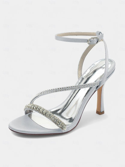 Champagne Rhinestone Satin Heels Sophisticated Strappy –