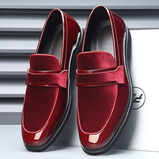 Red Loafers Sleek Leather Men's Velvet with Design Faux –