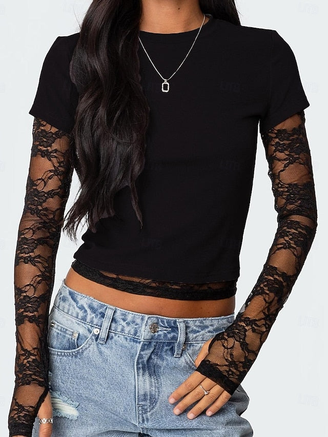 Women's T Shirt Lace Splicing Top Y2K Tunic Mesh Fake two