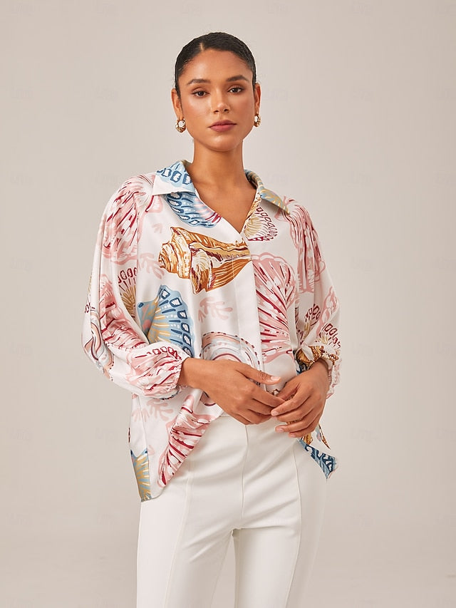 Shell Print Relaxed Fit Overhead V-Neck Blouse