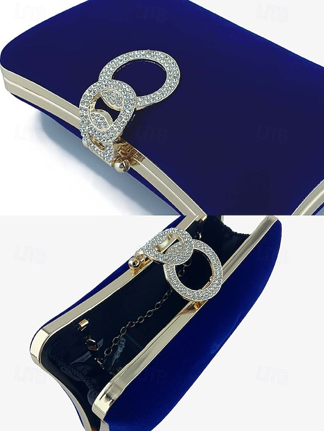 Elegant Bag Velvet with Clutch Rhinestone Ring Women's Blue