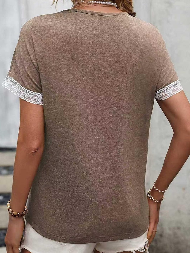 Women's T Shirt Lace Splicing Top Pleats Lace Trim Splicing
