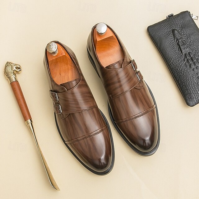 Strap Leather Shoes Double Men's Monk Brown Faux