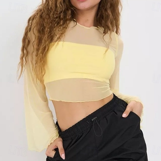 Retro Vintage 1970s Groovy Crop Top Bell Sleeve Disco Mesh Round