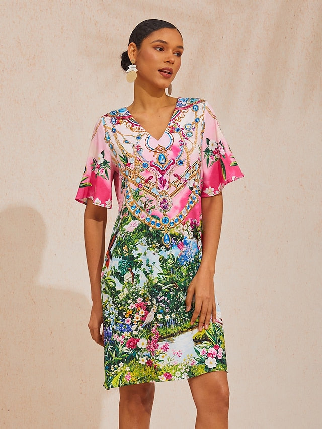 Vacation Jungle Print Straight Satin Mini Dress