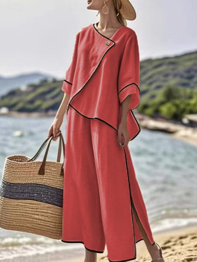 Women's Pants Sets 3/4 Length Sleeve Round Neck Solid Color