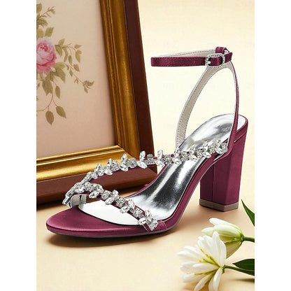 Rhinestone Women's Straps Block Heel - White Sandals with