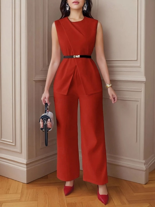 Women's Pants Sets Bolero Sleeveless Round Neck Solid Color