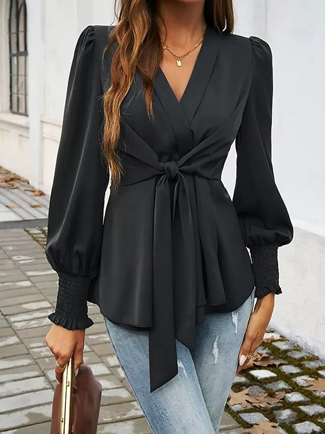 Women's Blouse Dressy Tops Ruched Lace up Tunic Solid Color