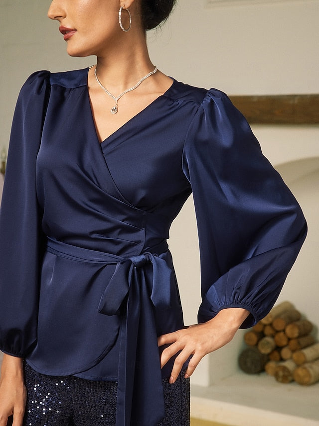 Satin Solid Casual Juliet Sleeve Tie Front Blouse