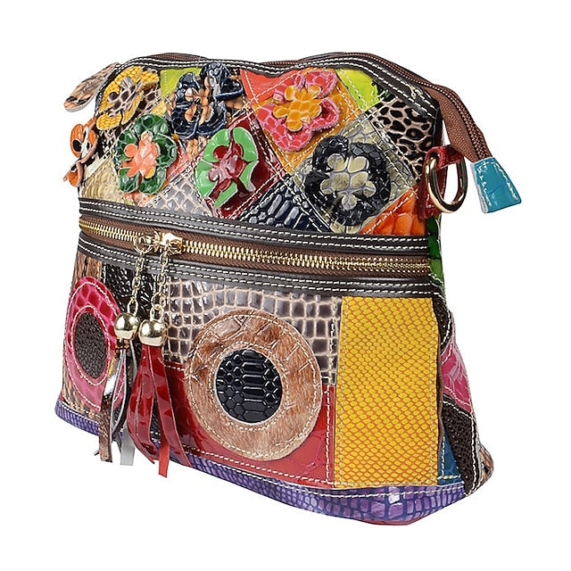 Women's Leather Shoulder Bohemian Colorful Patchwork - Bag