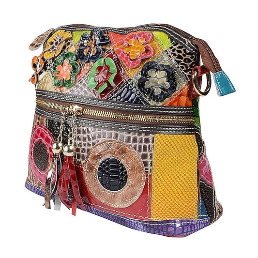 Women's Leather Shoulder Bohemian Colorful Patchwork - Bag