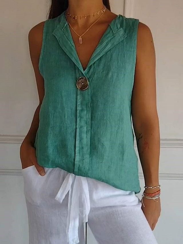 Women's Shirt Blouse Faux Cotton Linen Buttons Plain