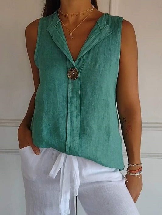Women's Shirt Blouse Faux Cotton Linen Buttons Plain