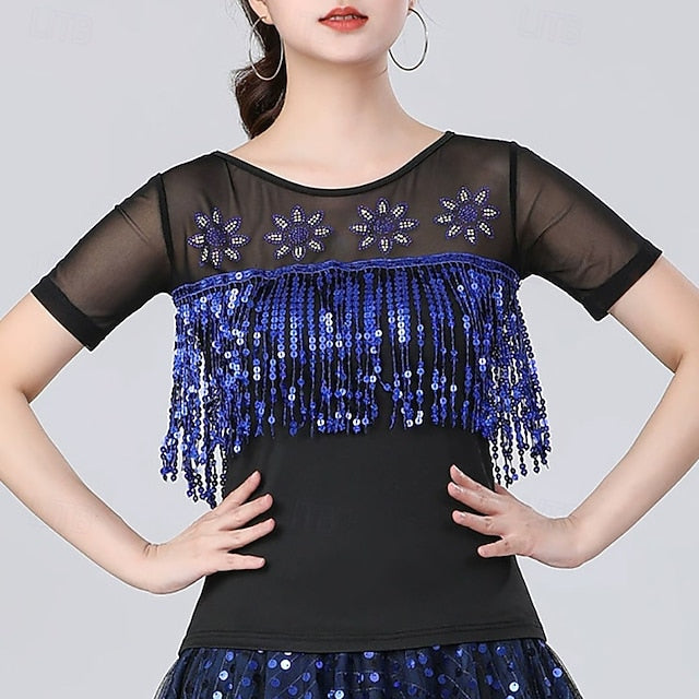 Latin Dance Top Tassel Pure Color Splicing Women's