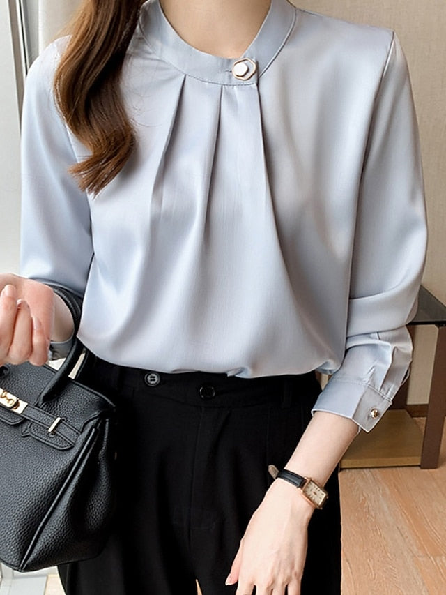 Women's Shirt Elegant Dressy Satin Top Ruched Buttons Plain
