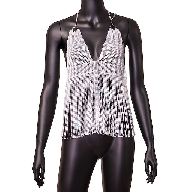 Metallic Backless Sparkle Camisole Body Chain Crop Tank Top
