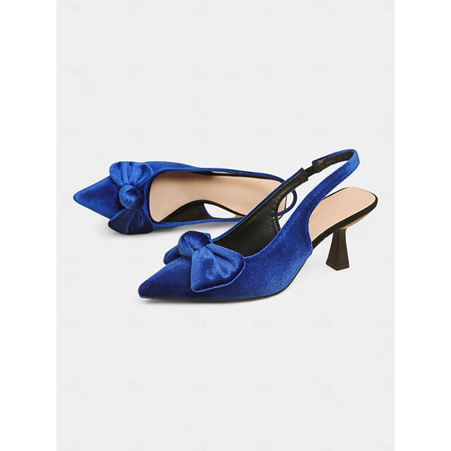 Slingback Women's Velvet Bow Blue with Heels Pointed Toe