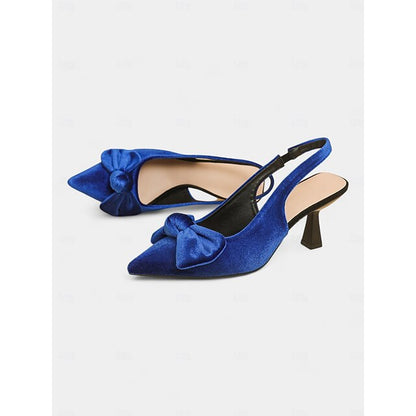 Slingback Women's Velvet Bow Blue with Heels Pointed Toe