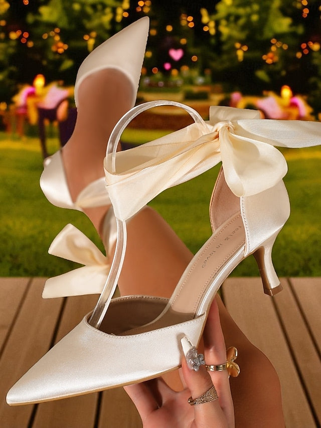 Women's Kitten Satin Pointed-Toe with Heel Shoes Ribbon