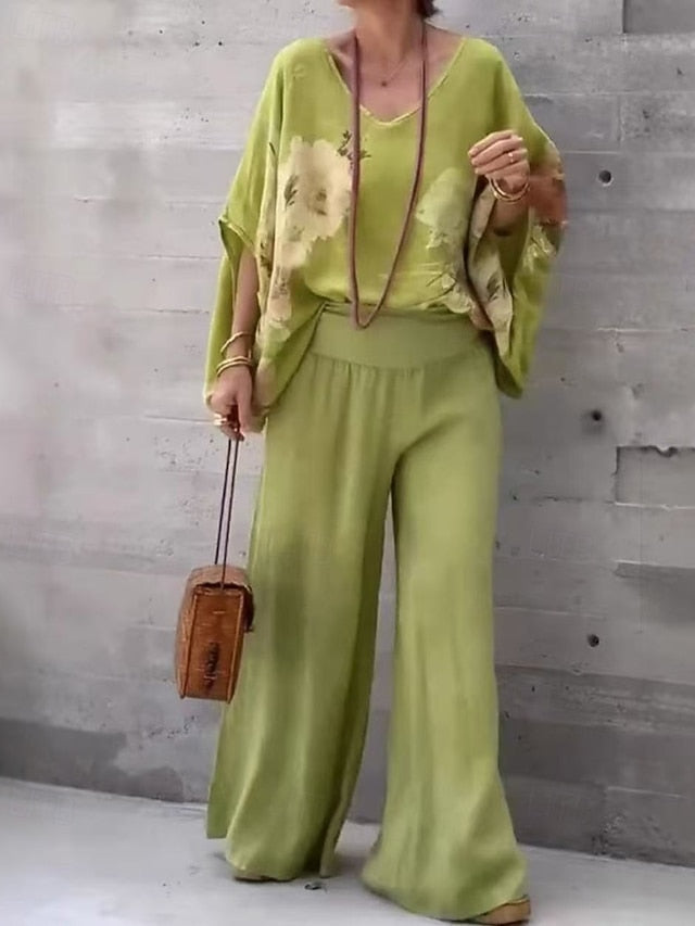 Women's Cotton Linen Shirts Blouse Pants Sets Half Sleeve V