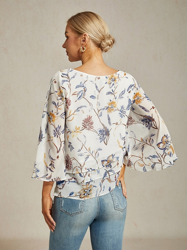 Women's Blouse Floral Print Layered Bell Sleeves Loose Fit
