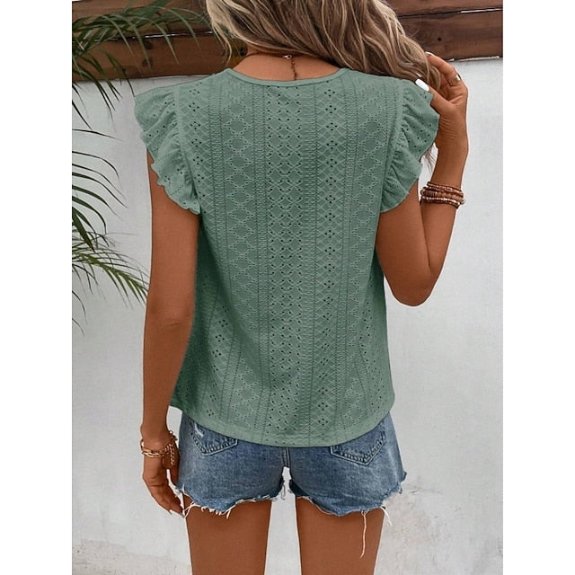 Women's T Shirt Tee Top Ruffle Eyelet Plain Fashion Stylish
