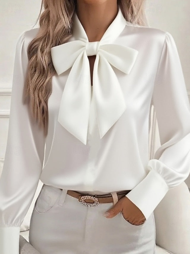 Women's Shirt Elegant Dressy Satin Top Bow Plain Elegant