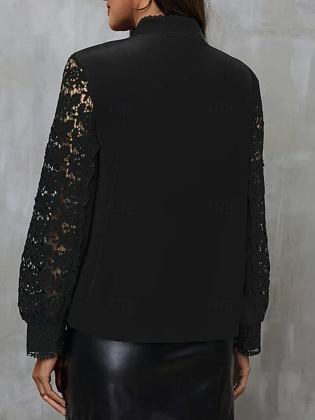 Women's Lace Shirt Blouse Patchwork Eyelet Buttons Plain