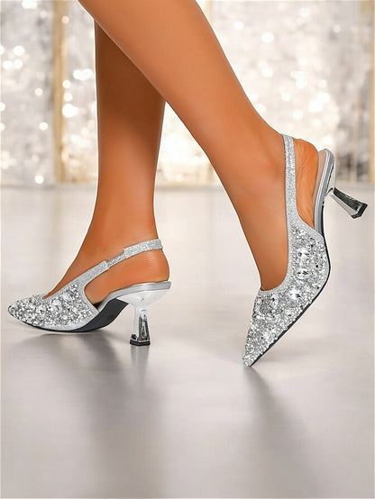 Women's Slingback Heels with Rhinestone Pearl Gold