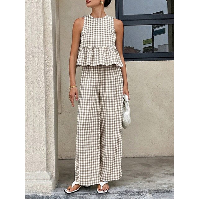 Women's Pants Sets Bolero Top Sleeveless Crew Neck Plaid