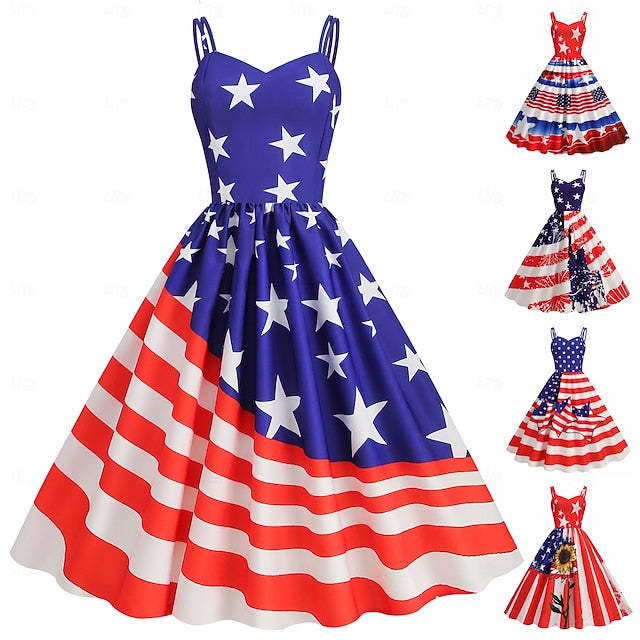 Women's Patriotic  Mini Dress A Line Dress Slip Dress Off