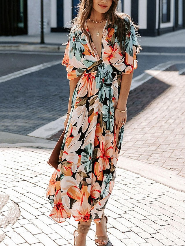 Women's Casual Dress Floral Split Print V Neck Long Dress