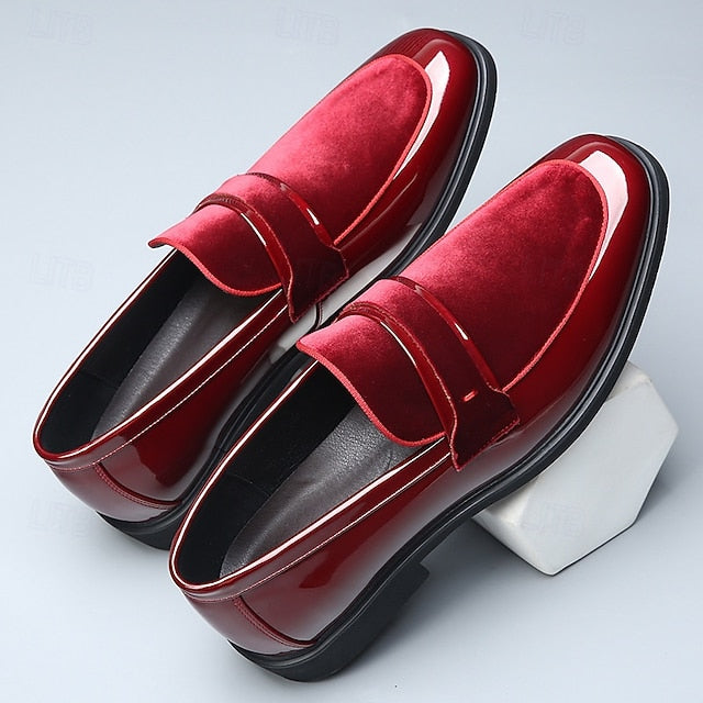 Red Loafers Sleek Leather Men's Velvet with Design Faux –