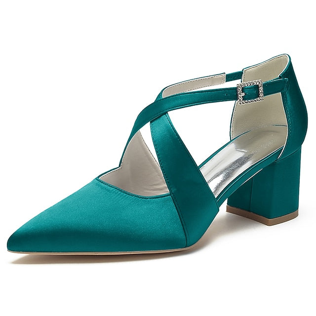 Satin Elegant Toe – White Women's Heels Block Pointed