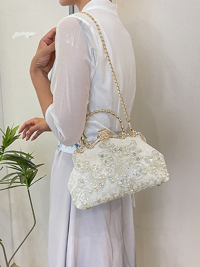 White Pearl Elegant Floral Lace with Handbag and Evening
