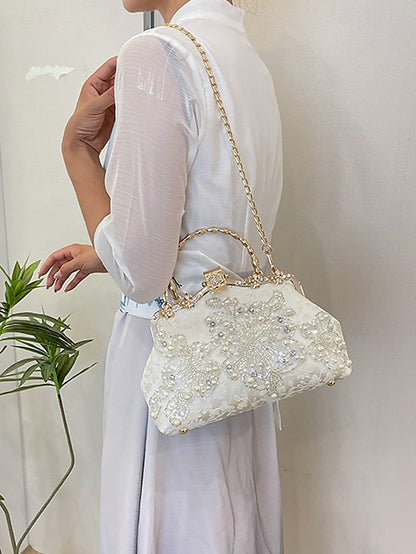 White Pearl Elegant Floral Lace with Handbag and Evening